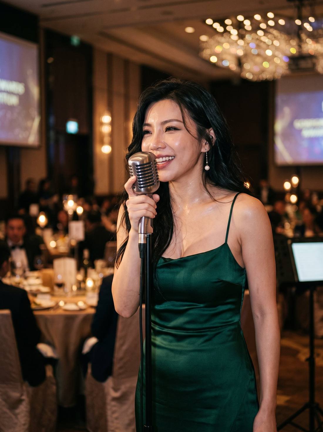 Pauline Tan in an emerald silk gown singing into a vintage microphone at a corporate dinner.
