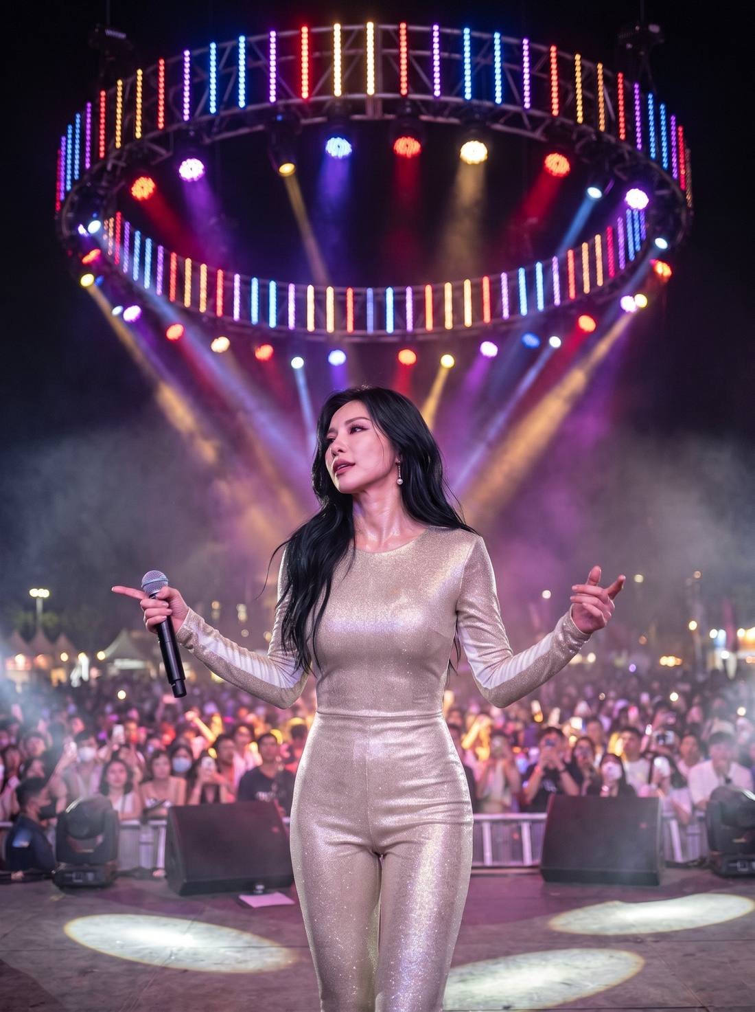 Pauline Tan in a champagne metallic jumpsuit on a festival stage under a circular lighting rig.