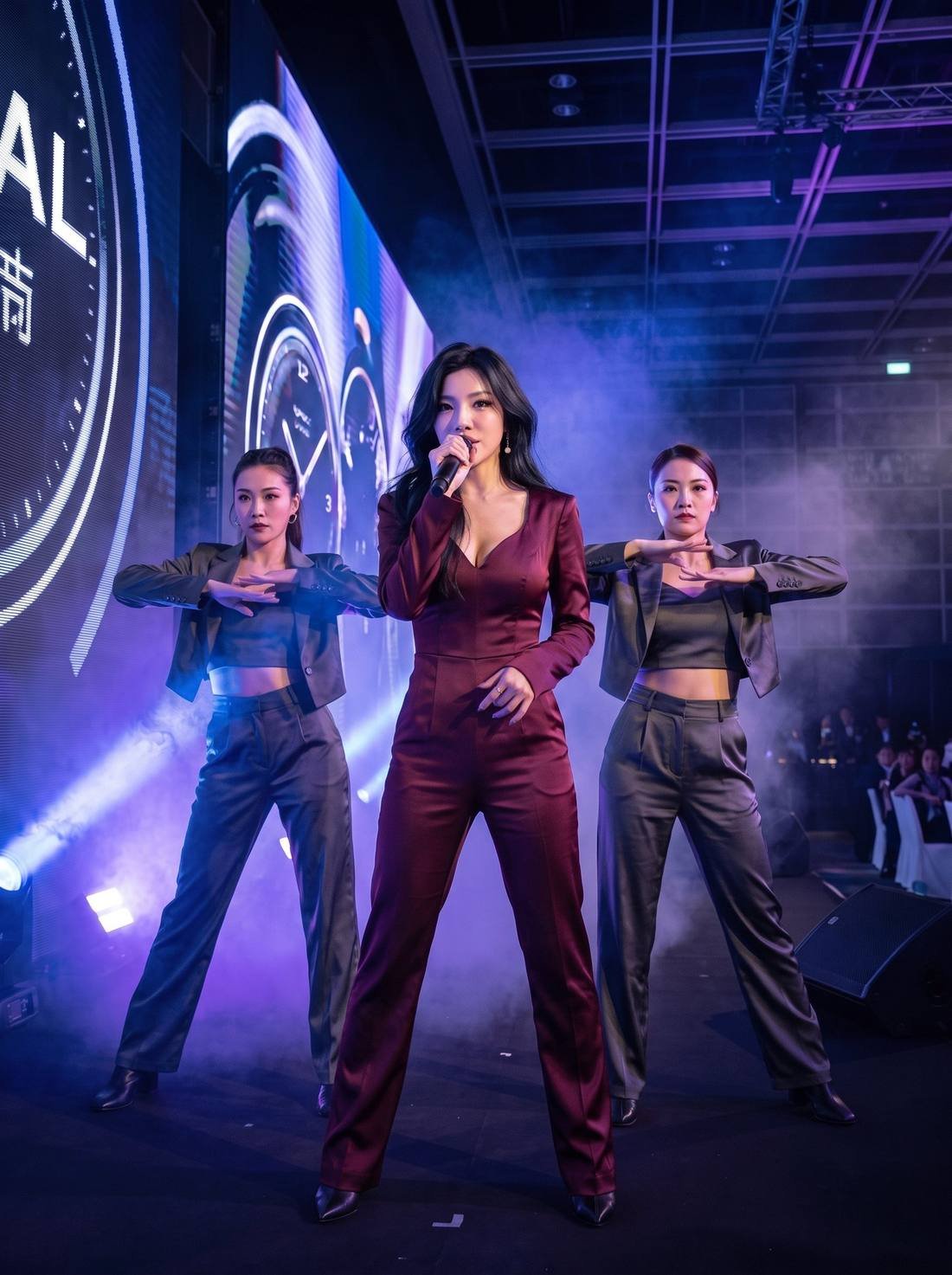 Pauline Tan in a burgundy satin jumpsuit at centre stage, with two dancers in charcoal beside her.